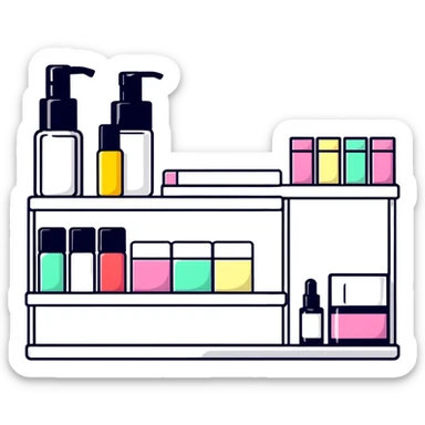 big long white shelf with one serum bottle labeled beauty brand and large sticky note next to it sticker