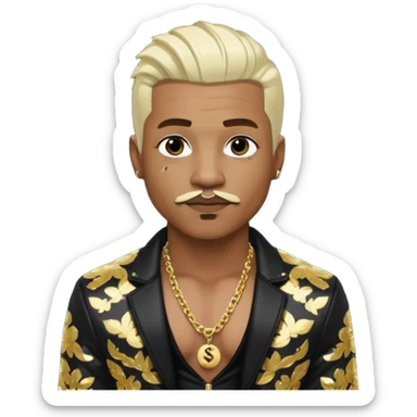 Sisqó with platinum blonde hair, black sequin jacket, shirtless with necklace, dark skin, dark brown thin mustache sticker