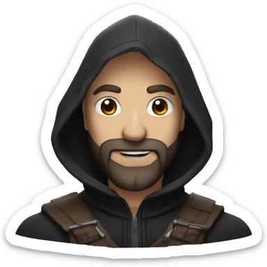 bald human rogue with brown beard and black hood happy sticker