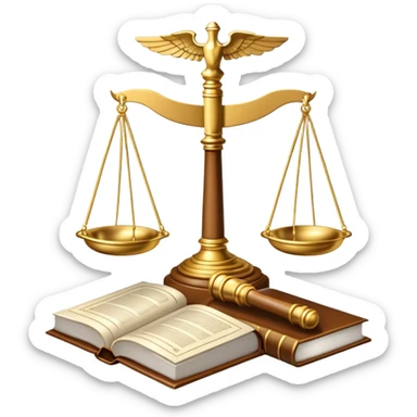 An icon featuring scales of justice, a gavel, and a legal book, symbolizing the study of law. The design includes courthouse pillars in the background, representing authority and legal systems. Transparent background highlights the principles of justice, order, and legal education. sticker