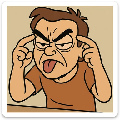 a person concentrating intensely with exaggeratedly furrowed brows and a comically serious face, tongue sticking out, cartoon style sticker