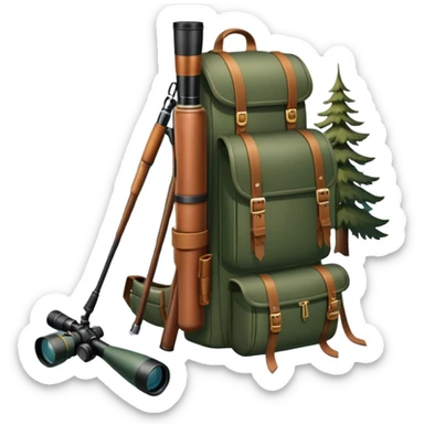 Icon for Hunting Tourism: a hunting rifle, binoculars, and animal tracks in the snow, with a forest background and a hunter’s backpack. The icon should represent the adventure and experience of hunting in nature. Transparent background. sticker