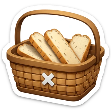 Create an emoji representing empty carbohydrate stores: depict a nearly empty bread basket with only a few crumbs left, overlaid by a fading low-battery symbol to signal depleted carb energy. sticker