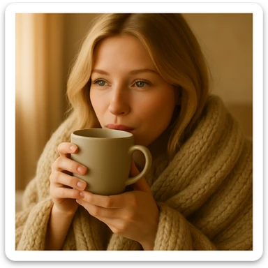 Show the blonde girl cozy in a blanket, drinking coffee with her eyes open, warm and serene atmosphere. Maintain the peaceful and comforting feeling. sticker