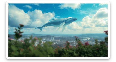 A cinemaatic still of a city, blurred plants in the foreground, giant whales fly above city sky, rolling hills in the background, cinematic depth of field, layered composition, colorfull, blue sky sticker