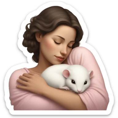 tan skinned white woman with dark brown hair peacefully sleeping and cradling a small delicate white rat with pink eyes in her hands resting it close to her chest. serene and dreamy atmosphere style is soft and realistic sticker