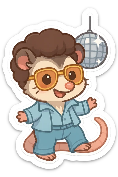 cute cartoon possum dressed up for the disco with a disco ball, sticker-like style sticker