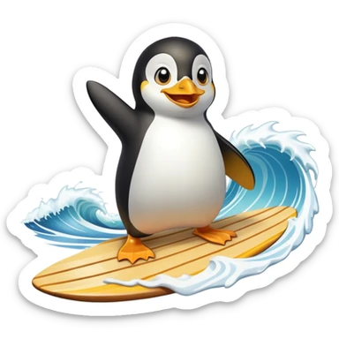 A cartoon penguin with yellow eyebrows surfing on a wooden board inside a wave. The penguin is smiling, wearing a seashell necklace, and has a playful, energetic expression. sticker