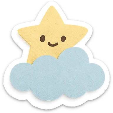 cute soft yellow star peeking from behind a fluffy cloud, no limbs, full body, soft pastel colors, paper craft style sticker