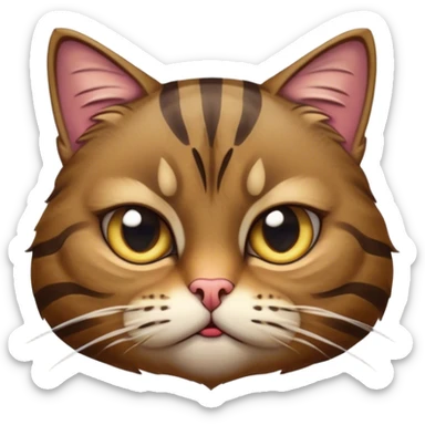 Cinematic Grumpy Brown Tabby Cat Portrait Emoji, Head tilted slightly with a deeply unimpressed expression, thick brown fur with dark, pronounced tabby stripes and a furrowed brow, large eyes narrowed into an unamused glare, whiskers slightly drooping in exasperation, Simplified yet comically expressive features, highly detailed, glowing with a dry, sarcastic glow, high shine, effortlessly judgmental yet dignified, stylized with a touch of cynicism, bright but brooding, soft glowing outline, capturing the essence of an eternally unimpressed yet endearing feline, so lifelike it feels like it could sigh heavily at you in disdain at any moment! sticker