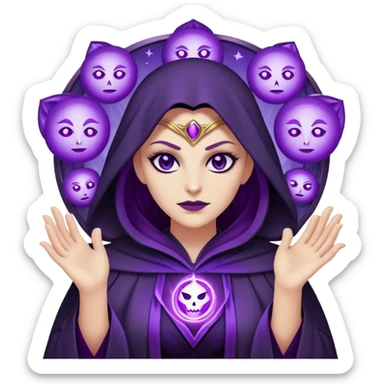 Emoji-style illustration of DC Comics’ Hecate with three faces, glowing eyes, dark magical robes, and purple mystical energy surrounding her.” sticker