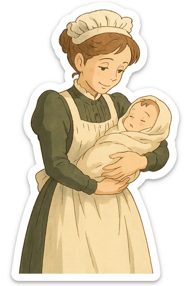 victorian midwife holding a baby with background sticker