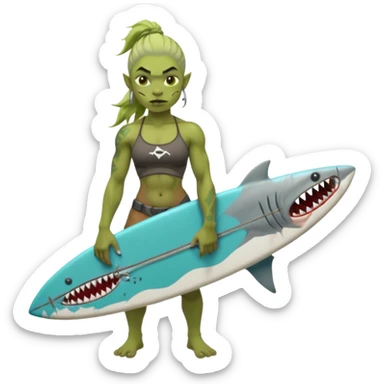 orc female holds a little surfboard with a shark painted vertically in his hands sticker