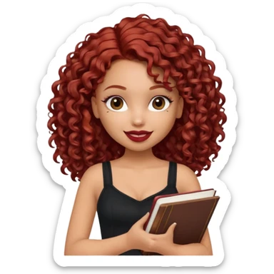 generate a pretty bratz girl curly dark red hair, brown lipstick on, smiling. Book in hand, wearing a black cami top. sticker