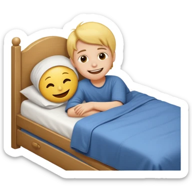 emoji- of a smiley boy getting up from a bed sticker