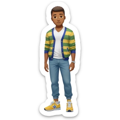 Handsome Black guy with brown skin tone, with lean muscular build, wearing baggy blue jeans, a white v-neck t-shirt, a yellow and green striped cardigan sweater, and grey new balance sneakers  sticker