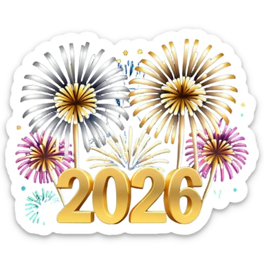 "Happy New Year 2026" in backdrop of colourful fireworks in 3d outline sticker