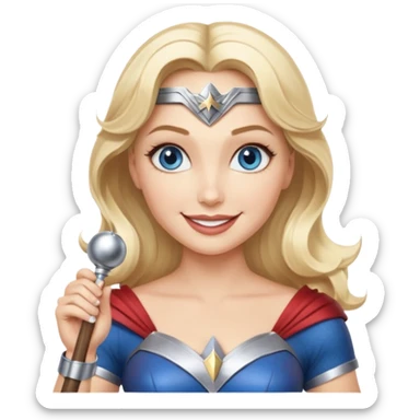 Blonde blue eyes Wonder Woman holding bell and short white orchestra conductor’s baton  sticker