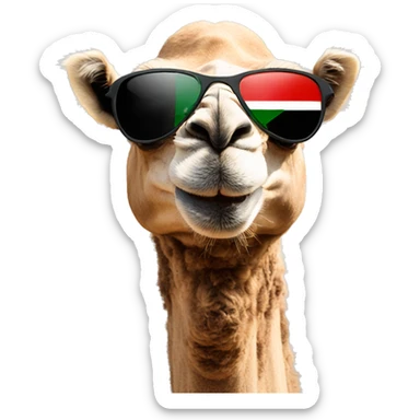 a camel with sunglasses wearing the UAE flag sticker