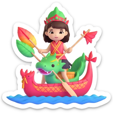 A chibi girl dressed as a dragon boat drummer, holding soft pastel drumsticks, standing in a fluffy dragon boat, colorful festival ribbons flying, sparkles and cute mini fish swimming below, soft pastel colors, watercolor texture, transparent background sticker