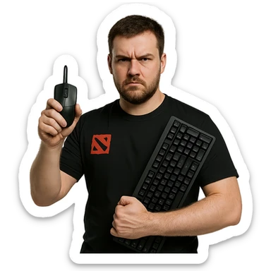 A tough-looking Dota 2 player with a serious expression, holding a mouse and keyboard sticker