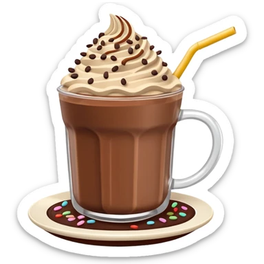 Chocolate mocha frappe latte chai latte drink dessert pudding with a straw and yummy chocolate sprinkles and a chocolate bar plate dipped into it with white cream sticker