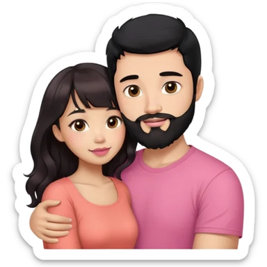 handsome light skin asian man with black hair and beard, hugging cute woman with light tan skin, big black eyes, long wavy reddish brown hair, bangs, pink top, coral lipstick sticker
