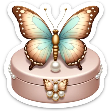 A pastel brown and mocha-colored butterfly resting on a pearl-adorned trinket box.
 sticker