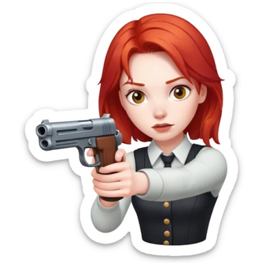 A gun pointed to a girl with red hair sticker