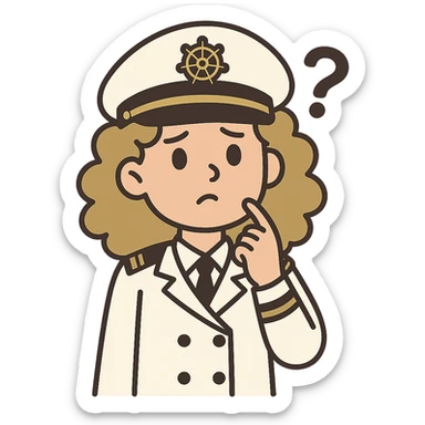 flat toon style girl with curly dirty blonde hair, cruise captain, questioning look sticker