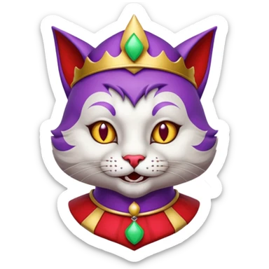 crazy colorful cute little cat jolly joker from poker, medieval, vintage, court jester, mac os icon, purple and red color, chromed inserts, half body sticker