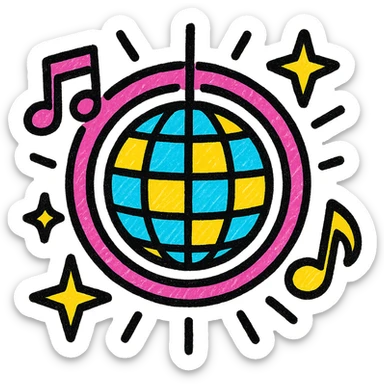 disco ball surrounded by pink lights and music symbols, capturing the glamorous and fun vibe of Eurovision sticker