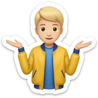 boy with good hair cut shrugging his shoulder, wearing yellow jacket and smile sticker