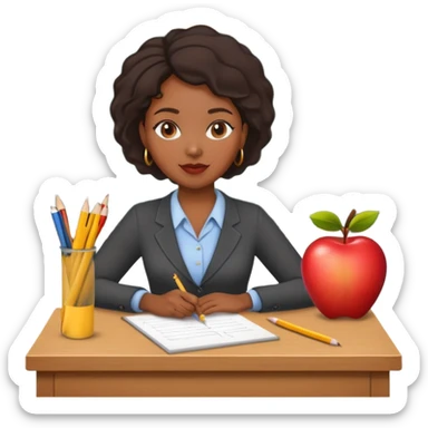Black female teacher at desk with one apple and one pencil chalkboard in back  sticker