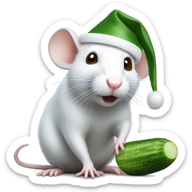 White rat with brown eyes eating a cucumber in a santa hat sticker