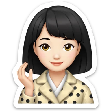girl with black bob-cut hair, dotted coat, Chinese appearance, smiling, masseuse look sticker