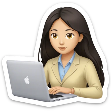 Long hair asian woman working on pale yellow laptop with brown eyes in meeting  sticker