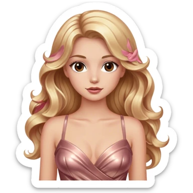 blonde model, brown eyes, long wavy hair, glamorous metallic rose gold gown sticker