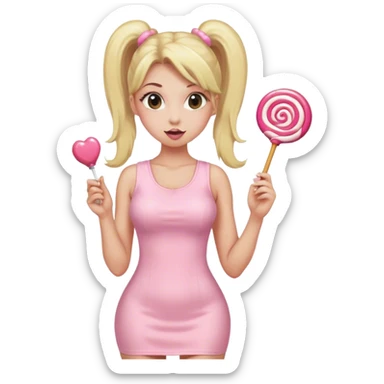 Beautiful woman with long blonde ponytails wearing light pink bodycon dress holding a lollipop sticker