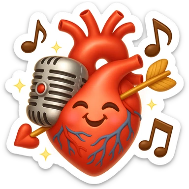 Make the anatomical heart and retro microphone fused together, music notes accenting the design, even more romantic in emoji style. Add cupid arrows, soft blush, and a gentle glow. No background. sticker