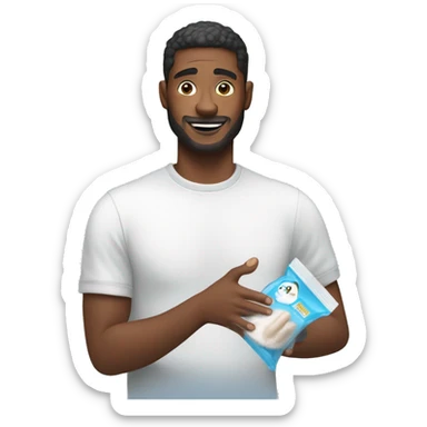 man holding clear ziploc bag with baby powder sticker