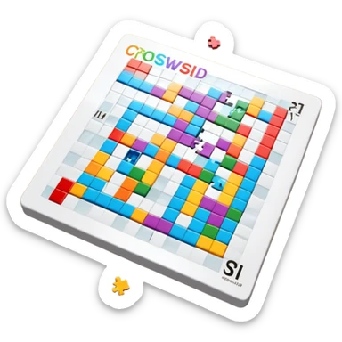 A photorealistic icon with a colorful, fragmented crossword magazine, a 3D puzzle, and a partially completed puzzle on a table. Bright, detailed design with realistic lighting. Transparent background, clearly symbolizing puzzles and brain games. sticker