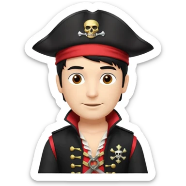 Captain Feathersword of The Wiggles with light skin, brown eyes, black hair, black pirate hat, white pirate shirt with red vest sticker