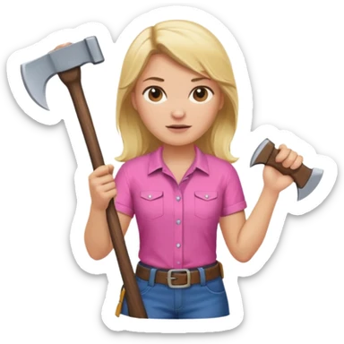 lumberjack blonde woman holding axe pink shirt sticker