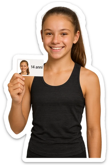 donna fitness di 14 anni, con in mano un documento di identità con la sua foto e la scritta 14 anni sticker