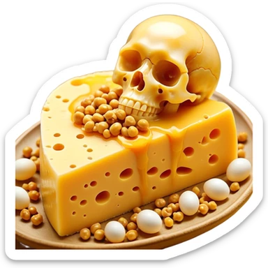 Ethereal pieces of aged cheese, golden egg yolk, and natto floating around a translucent glowing skeleton. Fine rays of golden light flow from the foods to the bones, where small locks open upon contact, guiding calcium like precision keys that prevent accumulation in arteries. sticker