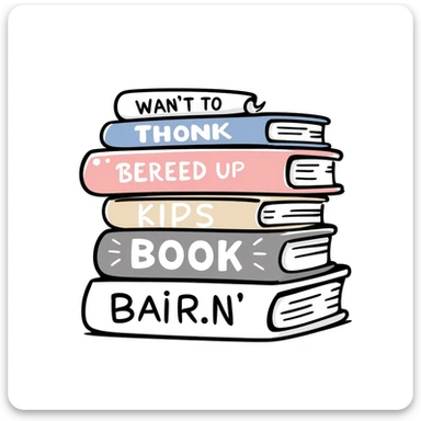 a stack of books with visible covers and spines, in pastel colors dd9fb0, ffc6d3, a3bfc9, c4bee2, f1b091, detailed hand-drawn doodle style sticker