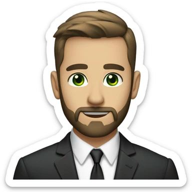 Finance guy, short black hare, green eyes, suit, beard like 3 days, white. crewcut sticker