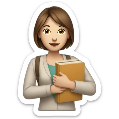 A pale woman with brown straight hair and a pile of books in her arms sticker