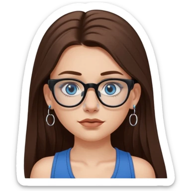 WHITE girl with long brown hair, part going more to the RIGHT side, BLUE eyes, wearing BLACK rectangle plastic frame glasses. SEPTUM nose piercing hoop (at bottom of nose) AND stud nose piercing on right side of nose. Wearing BLACK tank top. sticker